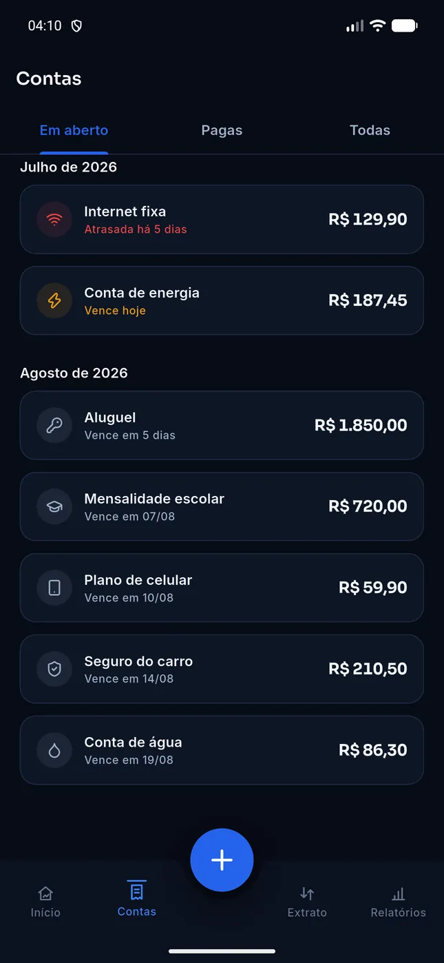 Tela Contas do GR Finanças, com as contas em aberto, a data de vencimento de cada uma e a conta que vence hoje em destaque