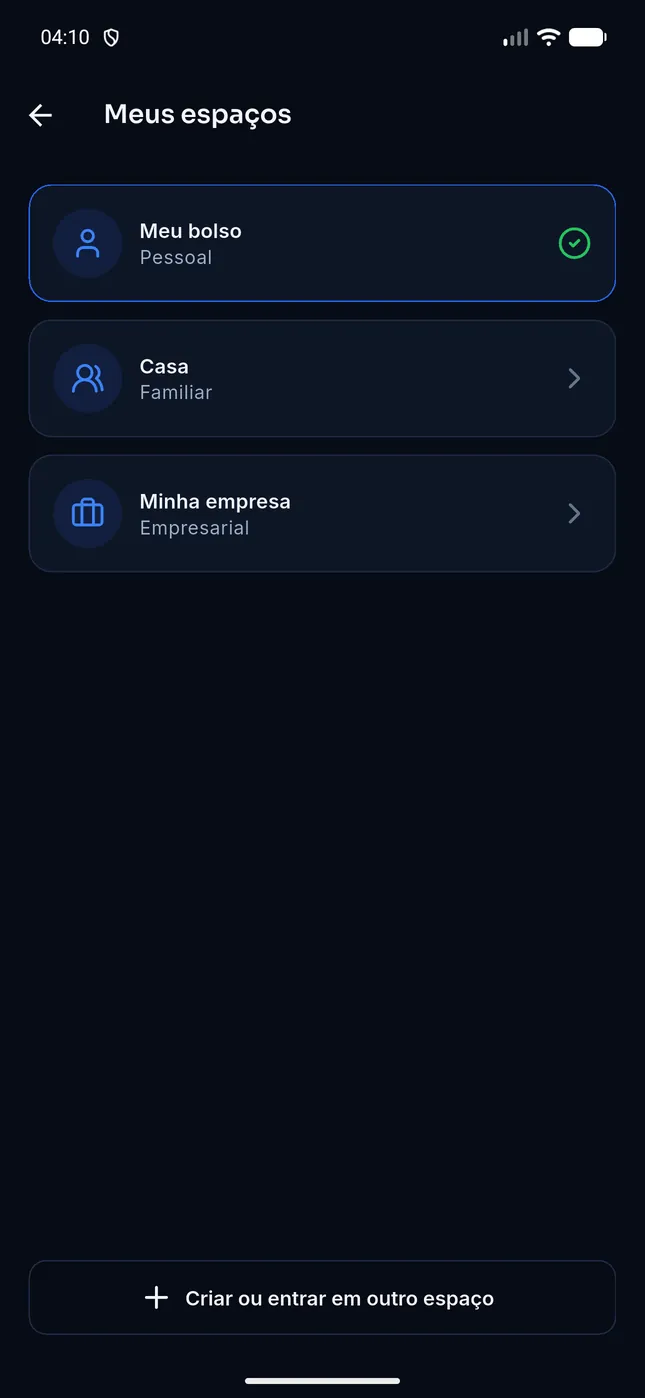 Tela Meus espaços do GR Finanças, com os espaços Meu bolso (pessoal), Casa (familiar) e Minha empresa (empresarial)
