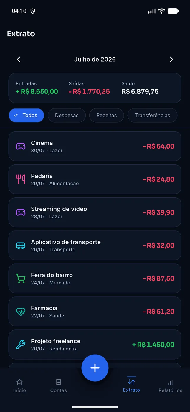 Tela Extrato do GR Finanças, com entradas, saídas e saldo de julho de 2026 e a lista de lançamentos do mês